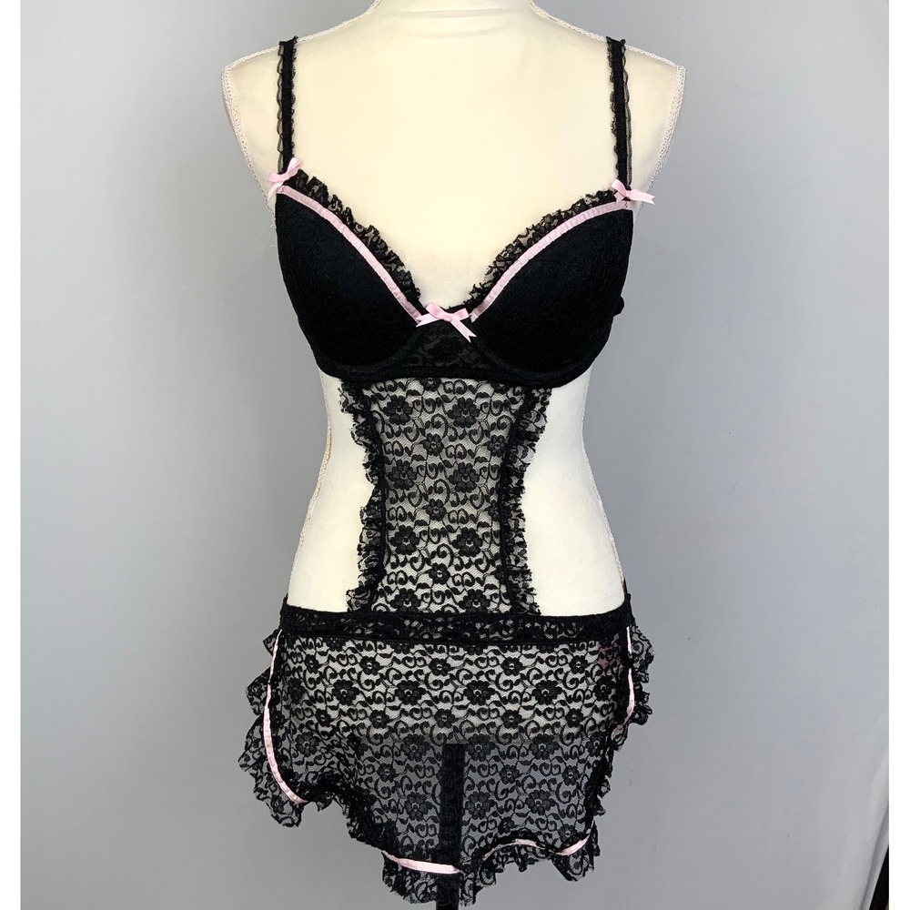 Victoria's Secret 36B Sexy Little Things Black Lace Babydoll Lingerie Apron Maid